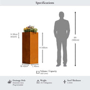 Tall rectangular planter with dimensions and features displayed, including a silhouette of a person for scale.